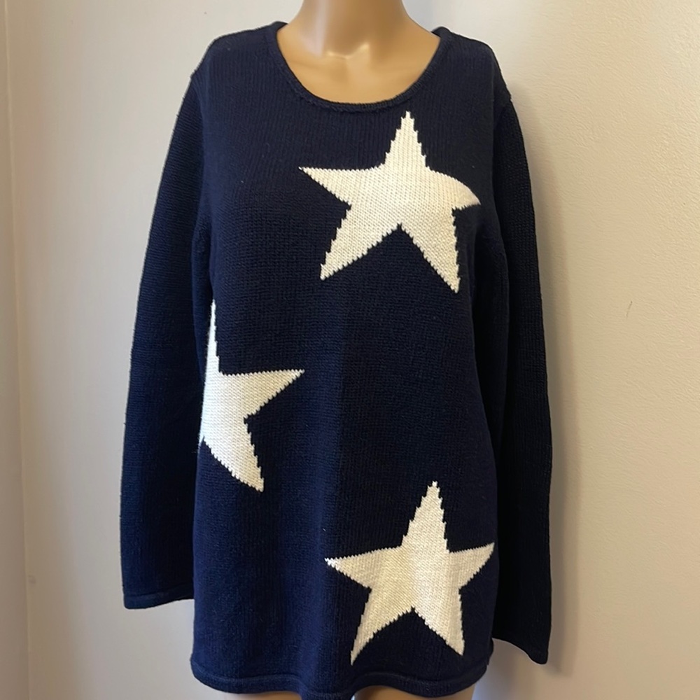 Nina Leonard Navy With White Stars Pull Over Long Sleeve Sweater Size Large EUC